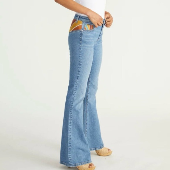 DRIFTWOOD Blue Flare Jeans with Multicolor Sunburst Waist - Picture 4 of 15
